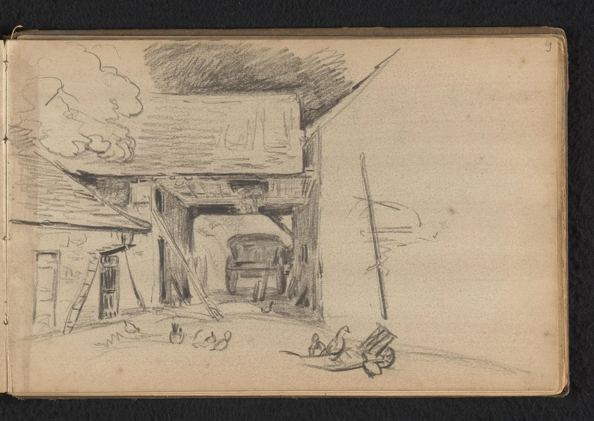 Boerderij schuur met kar by Jan Bedijs Tom, drawing, 1823-1894