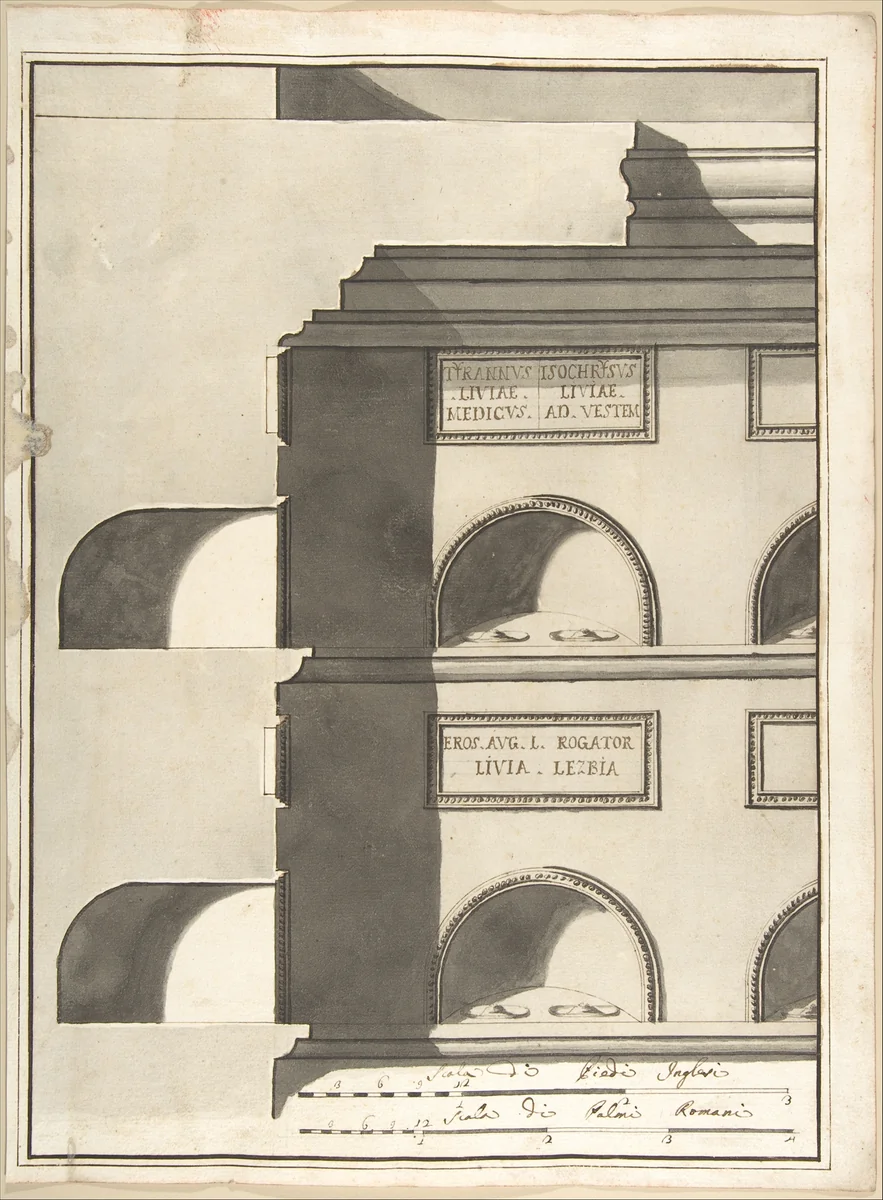 Elevation and Section of a Columbarium by Pietro Paolo Coccetti, drawing, 1710-1727