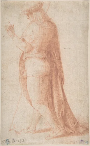 Young Man Standing in Profile Facing Left (recto); Sketch of Two Capitals (verso) by Bachiacca, drawing, 1494-1557