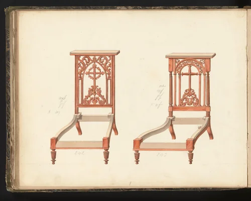 Twee ontwerpen voor prie-dieu’s by anonymous, drawing, 1825-1839