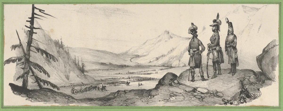 Three soldiers in a landscape by Victor Adam, print, 1820-1866