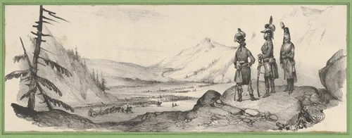 Three soldiers in a landscape by Victor Adam, print, 1820-1866