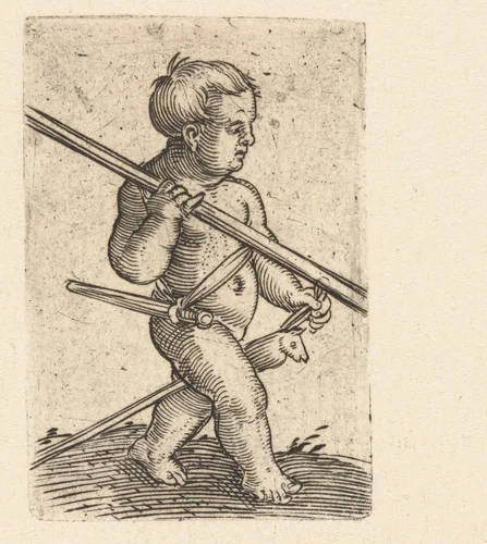 Kind met stokpaardje, zwaard en lans by anonymous, print, 1506-1588