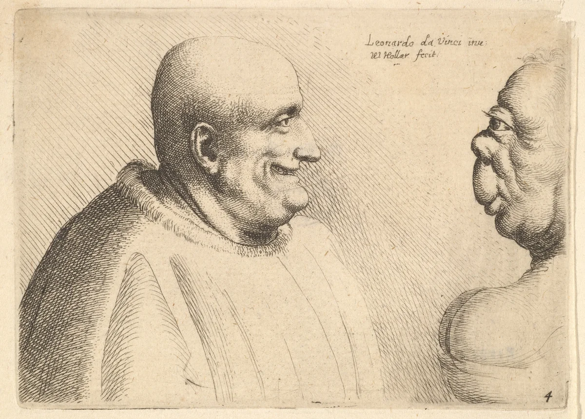 A large man with a bald head facing a grotesque female by Wenceslaus Hollar, print, 1645