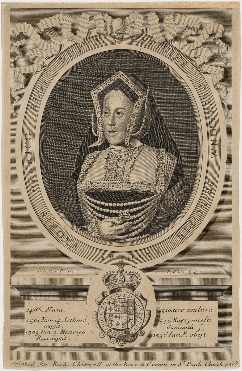Catherine of Aragon, First Wife of Henry VIII by Robert White; Hans Holbein the Younger, print, 1681