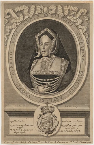 Catherine of Aragon, First Wife of Henry VIII by Robert White; Hans Holbein the Younger, print, 1681