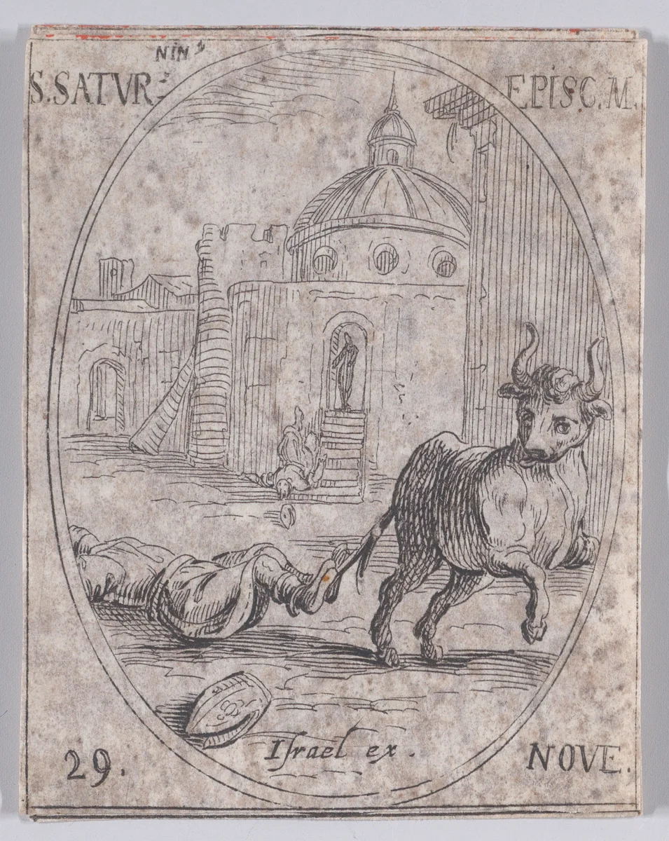 S. Saturnin, évêque (St. Saturnin, Bishop), November 29th, from "Les Images De Tous Les Saincts et Saintes de L'Année" (Images of All of the Saints and Religious Events of the Year) by Jacques Callot, print, 1636