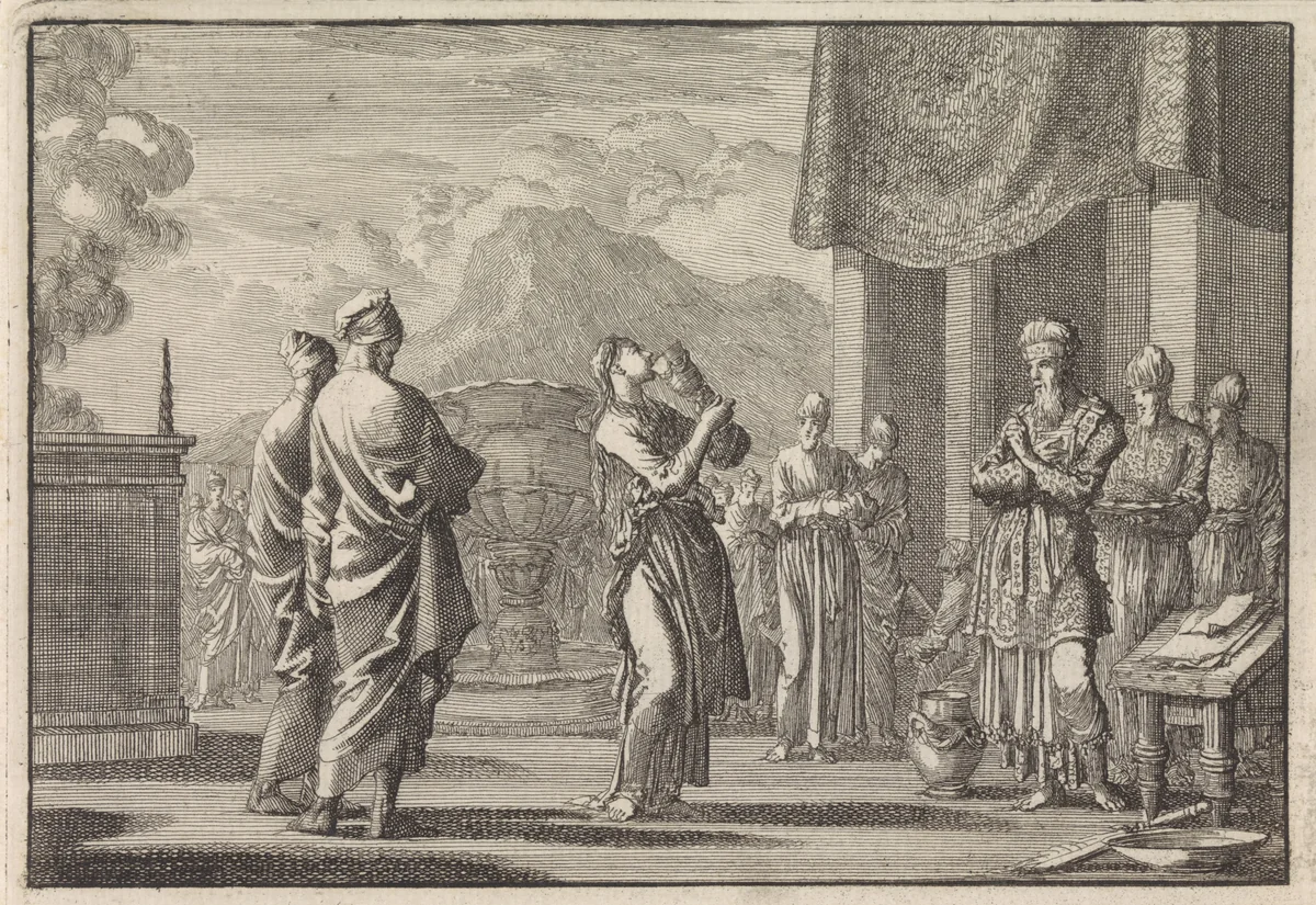 Ceremonie die vrouwelijke ontrouw test by Jan Luyken, print, 1703