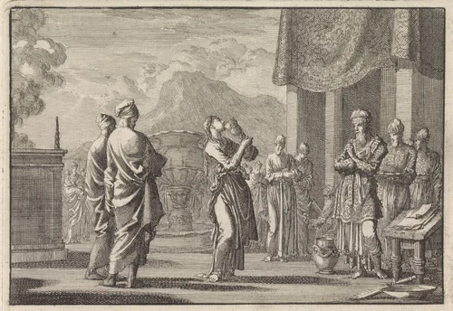 Ceremonie die vrouwelijke ontrouw test by Jan Luyken, print, 1703