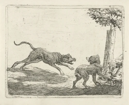 Drie honden bij een karkas by Pauwels van Hillegaert, print, 1654