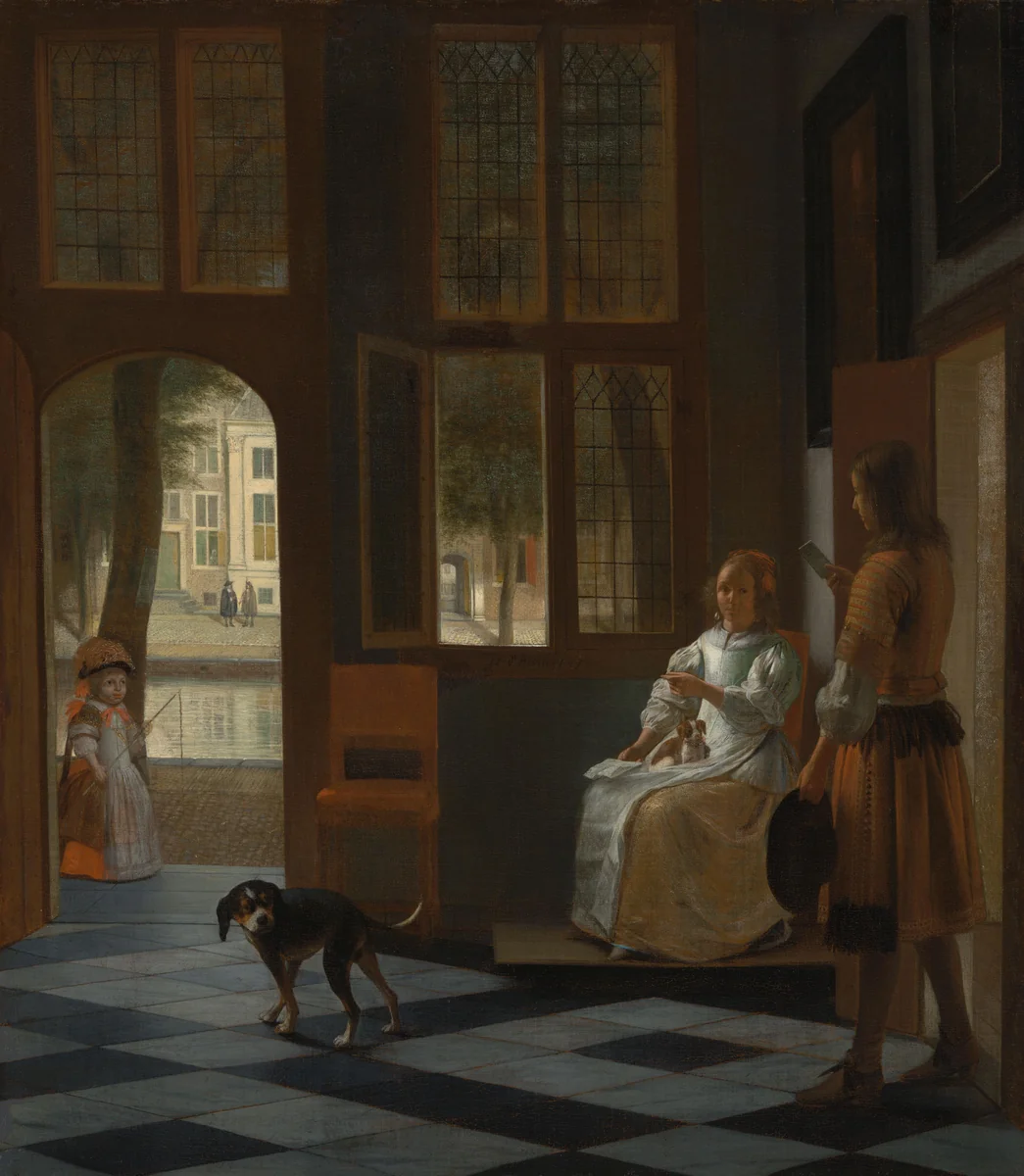Man Handing a Letter to a Woman in the Entrance Hall of a House by Pieter de Hooch, painting, 1670
