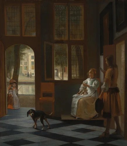 Man Handing a Letter to a Woman in the Entrance Hall of a House by Pieter de Hooch, painting, 1670