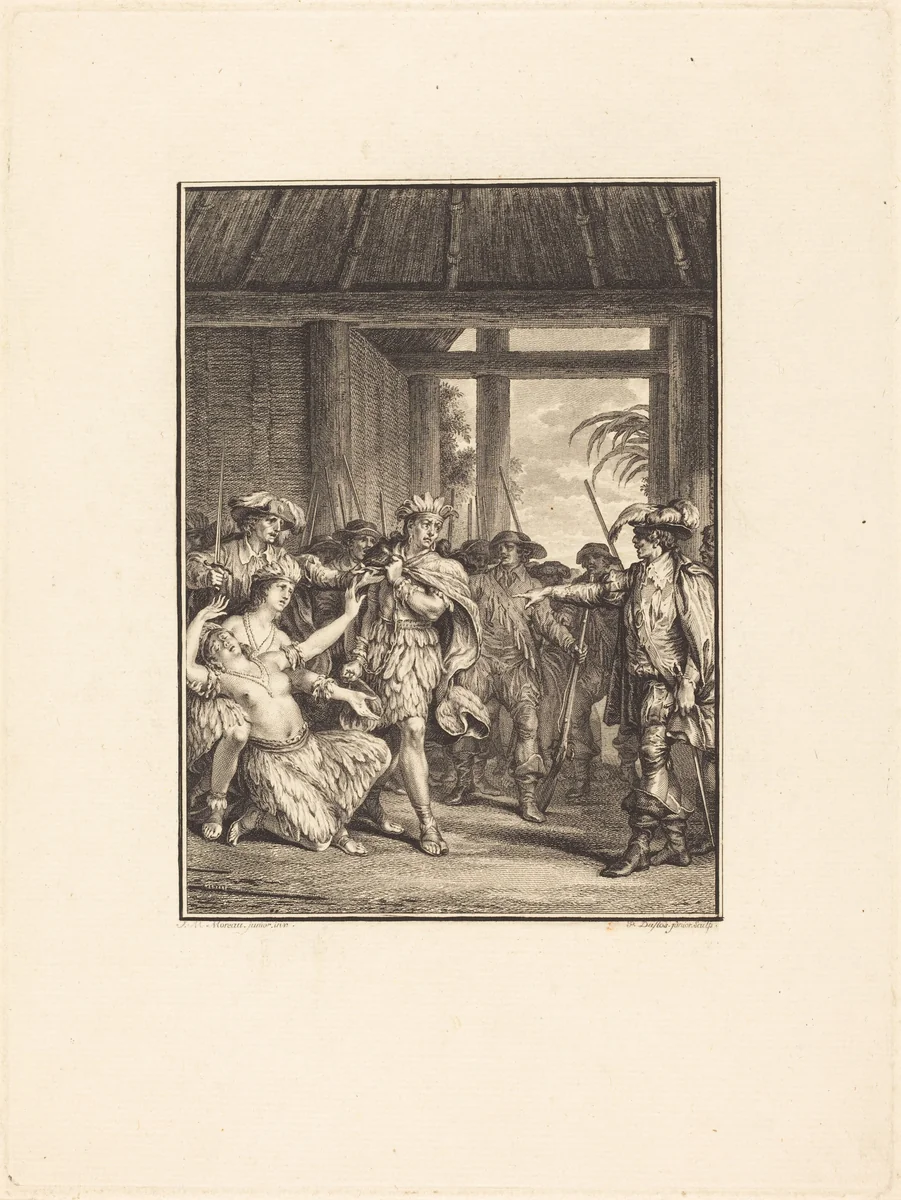 La découverte du nouveau monde by Pierre Duflos; Jean-Michel Moreau the Younger, print, 1742-1816