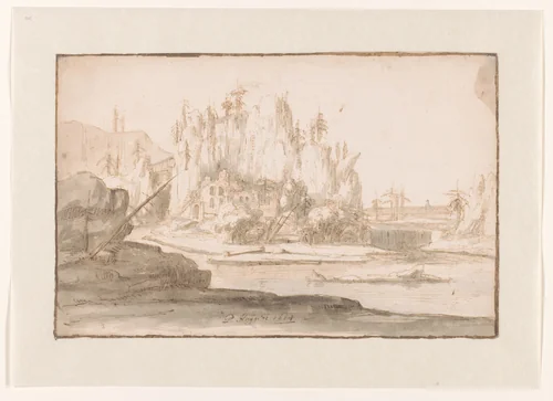 Rivierlandschap met ruïne en waterval by Philips Huygens, drawing, 1654