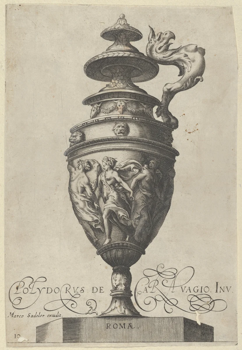 Plate 10: Lidded Vase With a Handle in the Shape of a Griffin and A Frieze With Draped Dancing Figures, from "Antique Vases" (Vasa a Polydoro Caravagino) by Aegidius Sadeler II, print, 1605