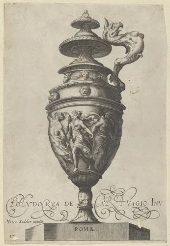 Plate 10: Lidded Vase With a Handle in the Shape of a Griffin and A Frieze With Draped Dancing Figures, from "Antique Vases" (Vasa a Polydoro Caravagino) by Aegidius Sadeler II, print, 1605