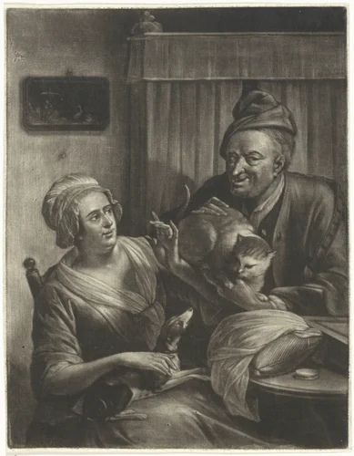 Twee figuren met een hond en een kat by Aert Schouman, print, 1720-1792
