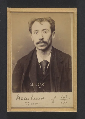 Becu. Lucien. 27 ans, né à la Conté d'Abigny (Pas-de-Calais). Garçon de café. Pas de motif. 22/2/94. by Alphonse Bertillon, photograph, 1894
