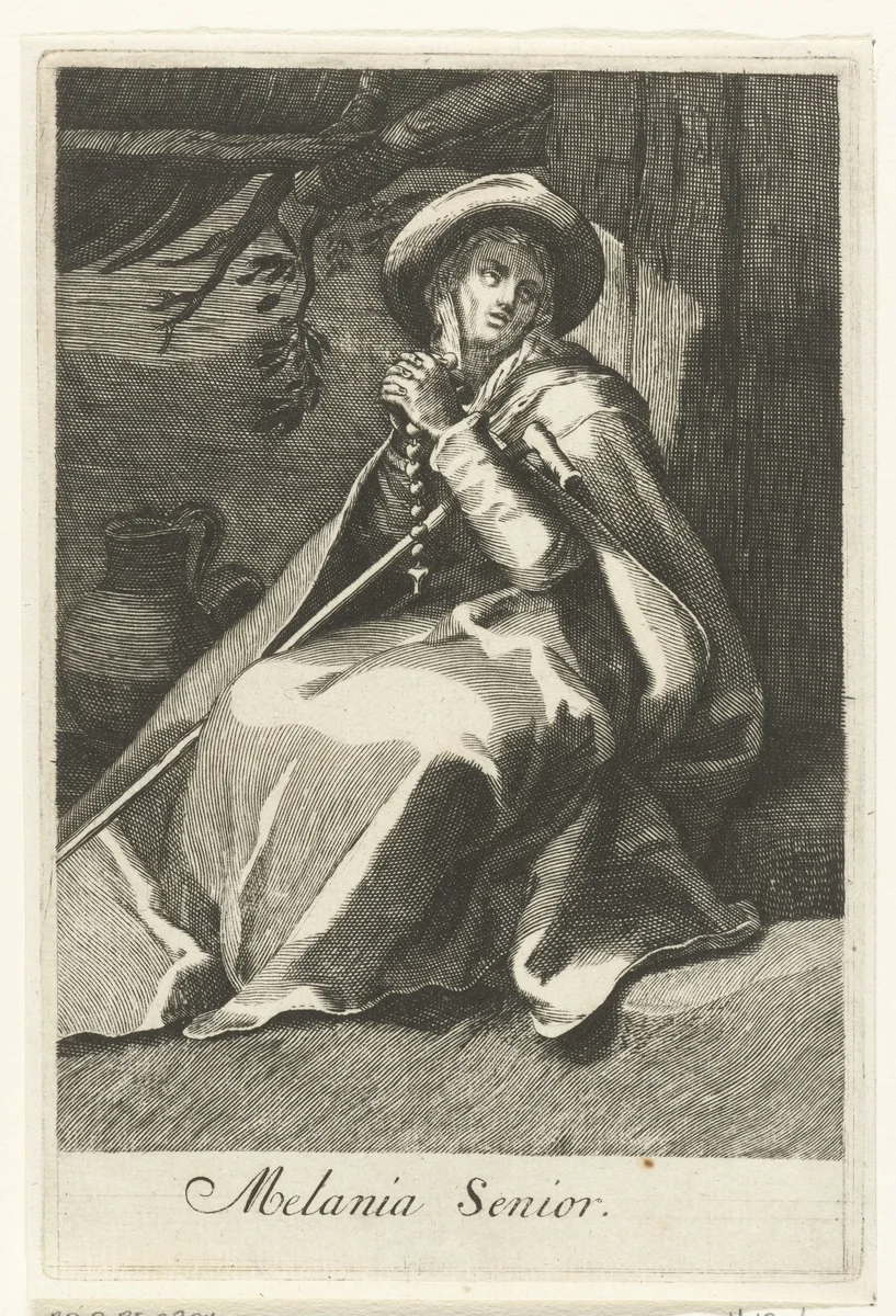 Heilige Melania de Oudere als kluizenares by anonymous, print, 1590-1662
