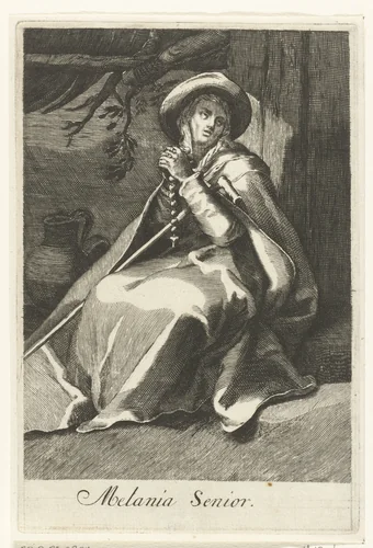 Heilige Melania de Oudere als kluizenares by anonymous, print, 1590-1662