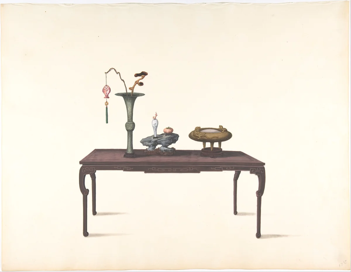Long Dark Table with Decorative Objects by anonymous, drawing, 1800-1900