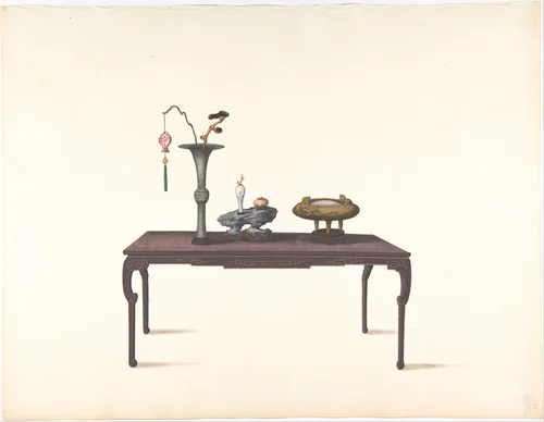 Long Dark Table with Decorative Objects by anonymous, drawing, 1800-1900