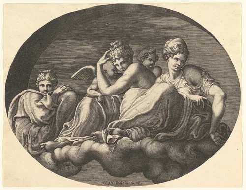 Venus and Cupid, two other goddesses and a putto, from a series of eight compositions after Francesco Primaticcio's designs for the ceiling of the Ulysses Gallery (destroyed 1738–39) at Fontainebleau by Giorgio Ghisi, print, 1560-1569