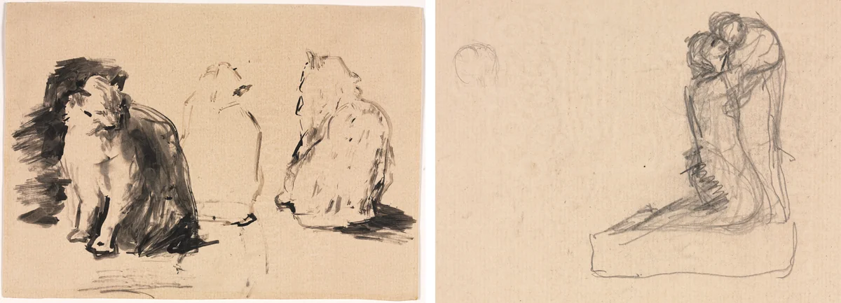 Cats (recto); Sketch of Two Figures Embracing (verso) by Théodule Ribot, drawing