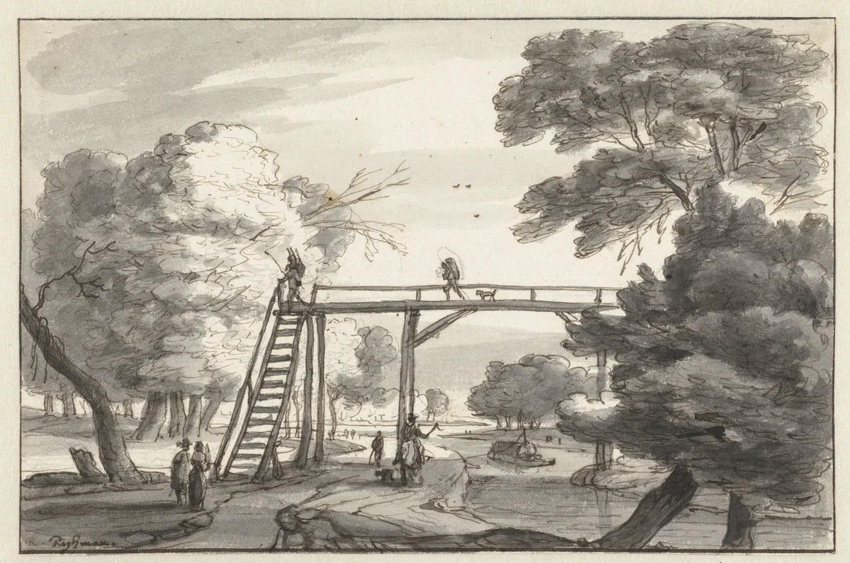 Landscape with a High Wooden Footbridge over a Canal by Roelant Roghman, drawing, 1660-1670