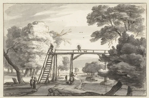 Landscape with a High Wooden Footbridge over a Canal by Roelant Roghman, drawing, 1660-1670