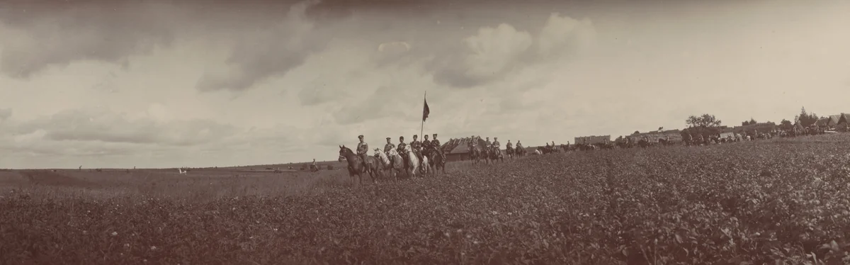 Emperor Nicholas II Followed Directly by Five Men on Horseback, with Flag, Ropsha by Unidentified Photographer, photograph, 1907