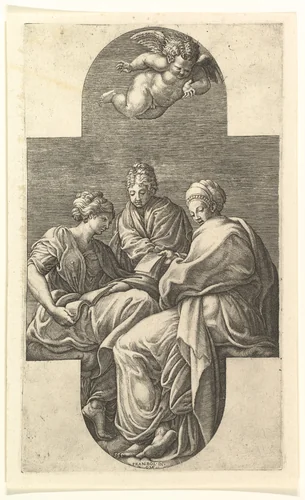 Three Muses and a Gesturing Putto by Giorgio Ghisi, print, 1560-1569
