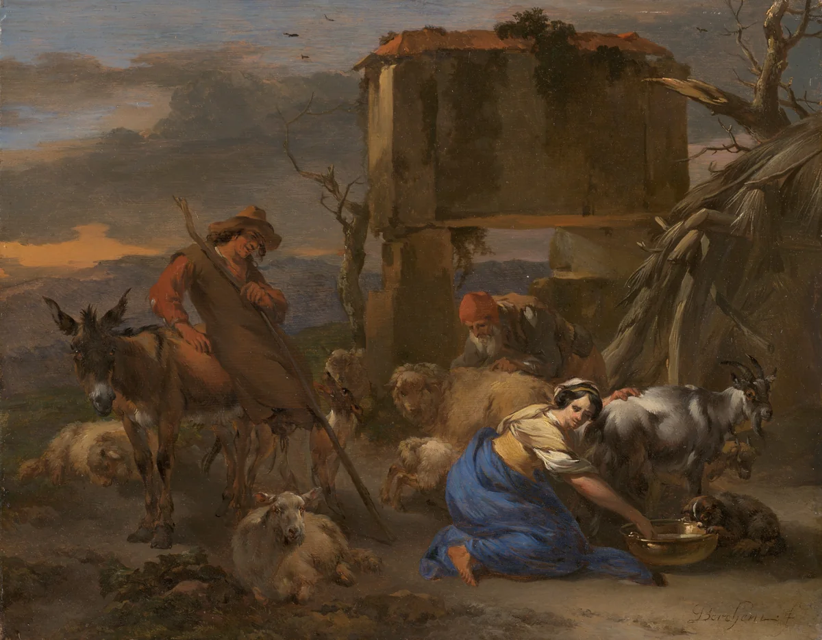 Pastoral Scene with a Shepherdess Milking a Goat by Nicolaes Pietersz Berchem, painting, 1660-1675