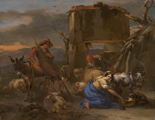 Pastoral Scene with a Shepherdess Milking a Goat by Nicolaes Pietersz Berchem, painting, 1660-1675