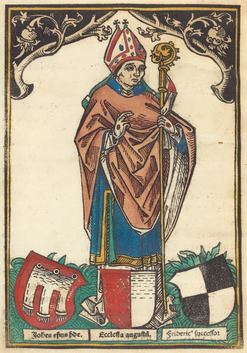 Bishop of Augsburg with Three Coats of Arms by German 15th Century, print, 1485