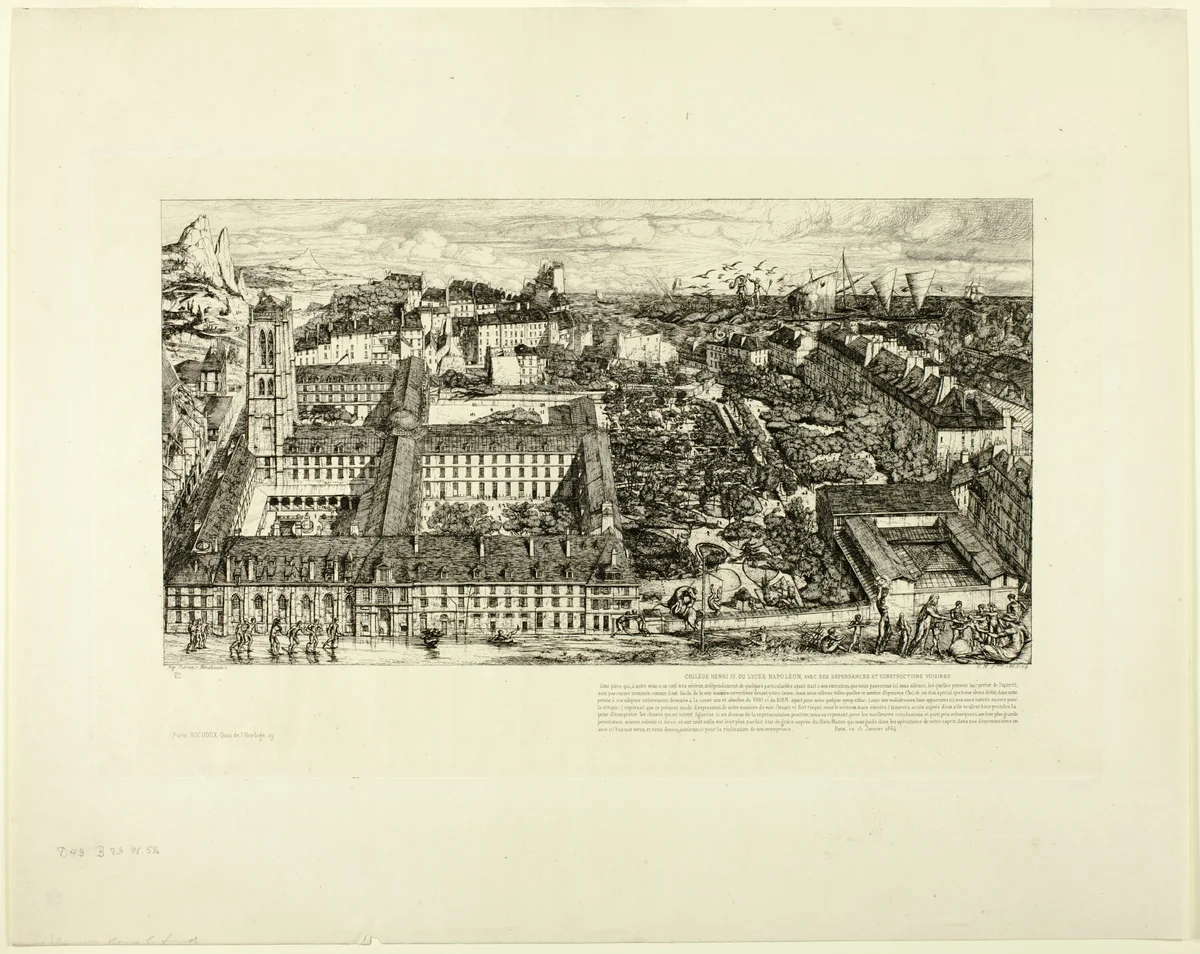 Collège Henry IV (or Lycée Napoléon), Paris by Charles Meryon, print, 1863-1864