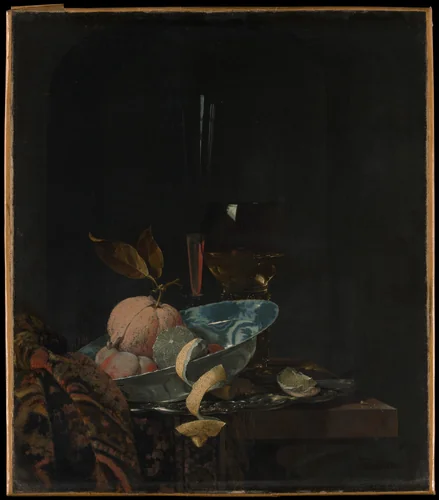 Still Life with Fruit, Glassware, and a Wanli Bowl by Willem Kalf, painting, 1659