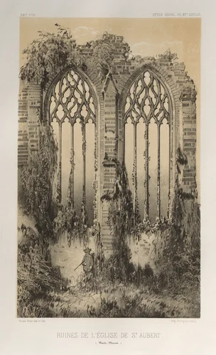 Architecture Pittoresque ou Monuments des xveme. Et xvieme. Siecles: Chateaux De France des XV et XVI Siecles: Pl. 38, Ruines De L'Église De St. Aubert (Haute-Marne) by Victor Petit, print, 1860