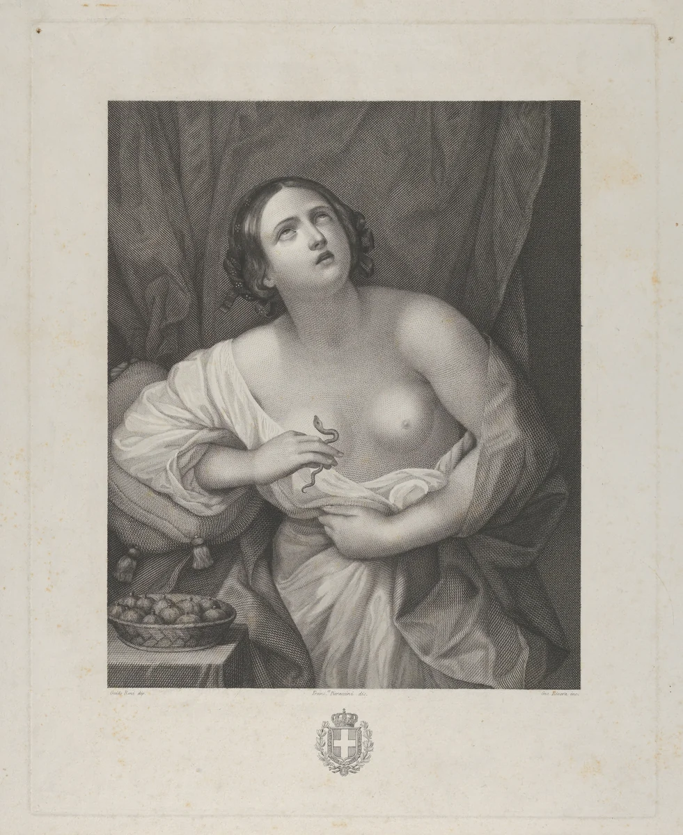 Cleopatra looking upwards while holding an asp in her right hand and clutching at her stomach with her left, a bowl of figs at left, after Reni by Giovanni Rivera, print, 1791-1801