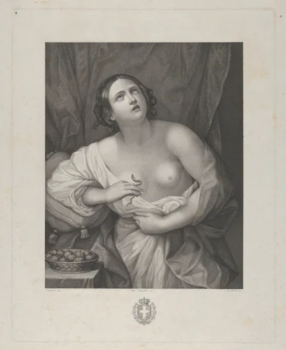 Cleopatra looking upwards while holding an asp in her right hand and clutching at her stomach with her left, a bowl of figs at left, after Reni by Giovanni Rivera, print, 1791-1801