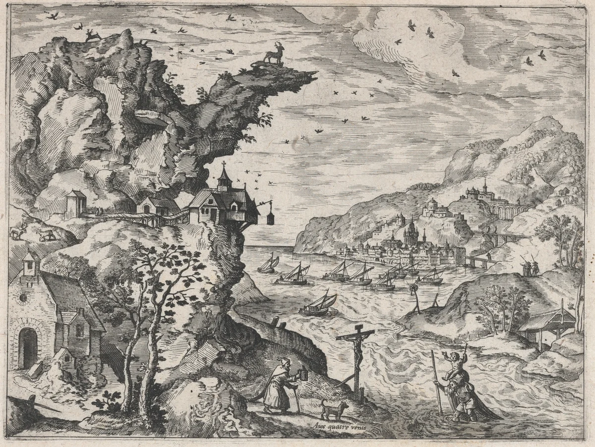 Landscape with Saint Christopher by Lucas Gassel, print, 1555-1575