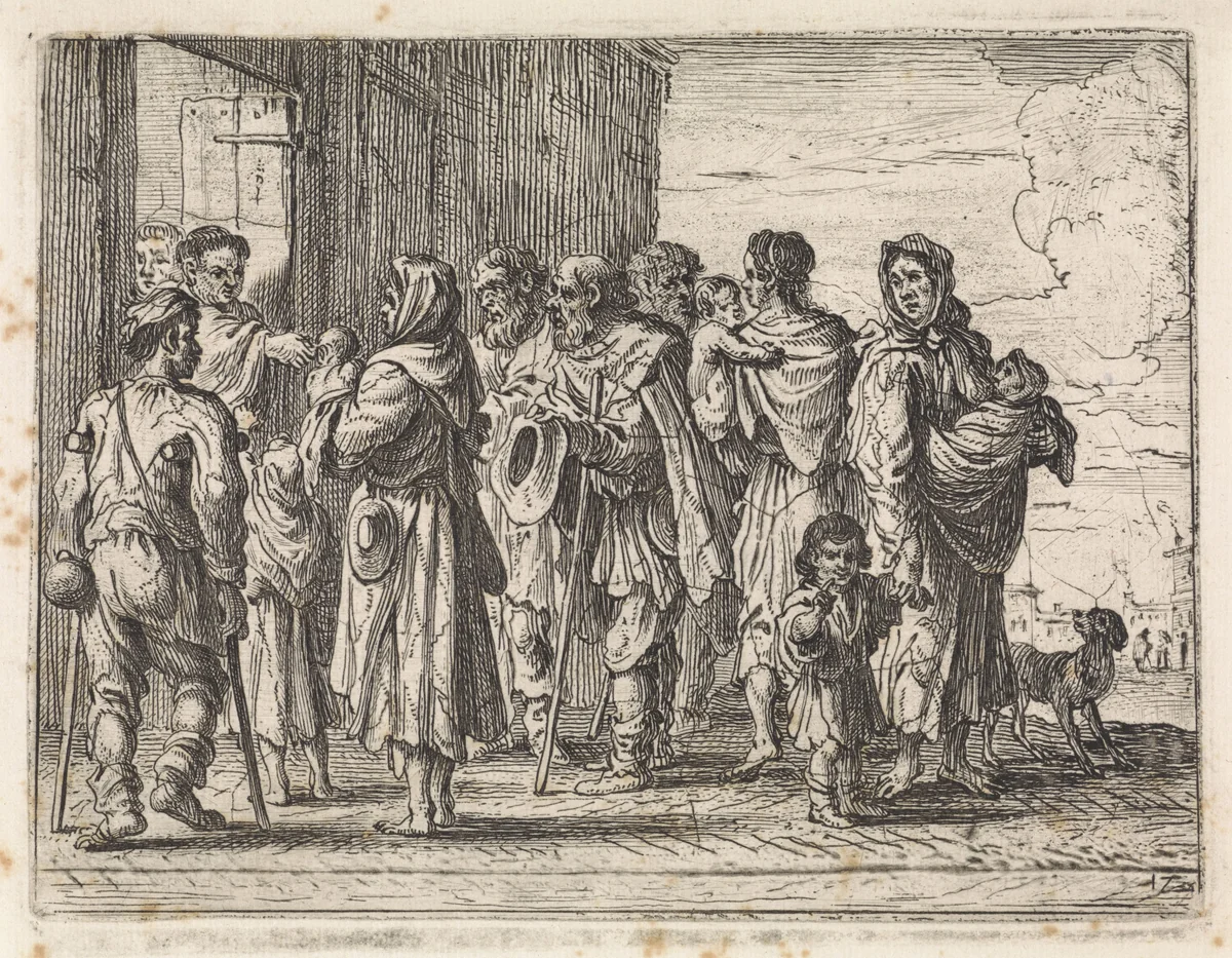 Bedelaars voor een klooster by Cornelis de Wael, print, 1630-1648