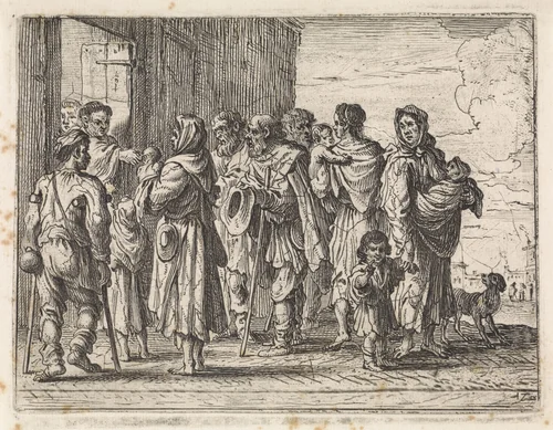 Bedelaars voor een klooster by Cornelis de Wael, print, 1630-1648