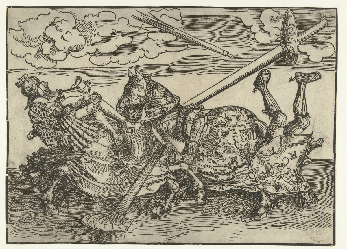 Duits toernooi met twee edelmannen als ridders te paard by Lucas Cranach, print, 1516-1517