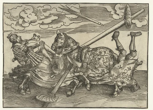 Duits toernooi met twee edelmannen als ridders te paard by Lucas Cranach, print, 1516-1517