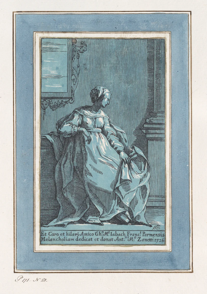 Woman Seated in Room (Melancholy) by Anton Maria Zanetti, print, 1726