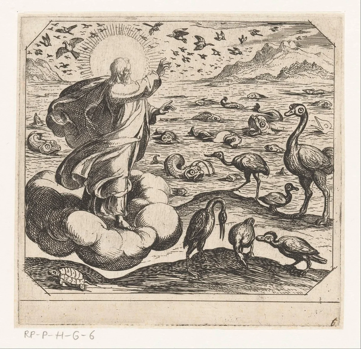 God schept de vogels en de vissen by Antonio Tempesta, print, 1565-1630