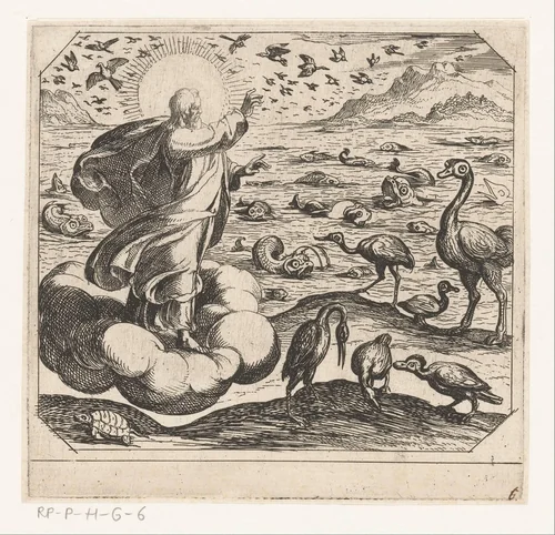 God schept de vogels en de vissen by Antonio Tempesta, print, 1565-1630