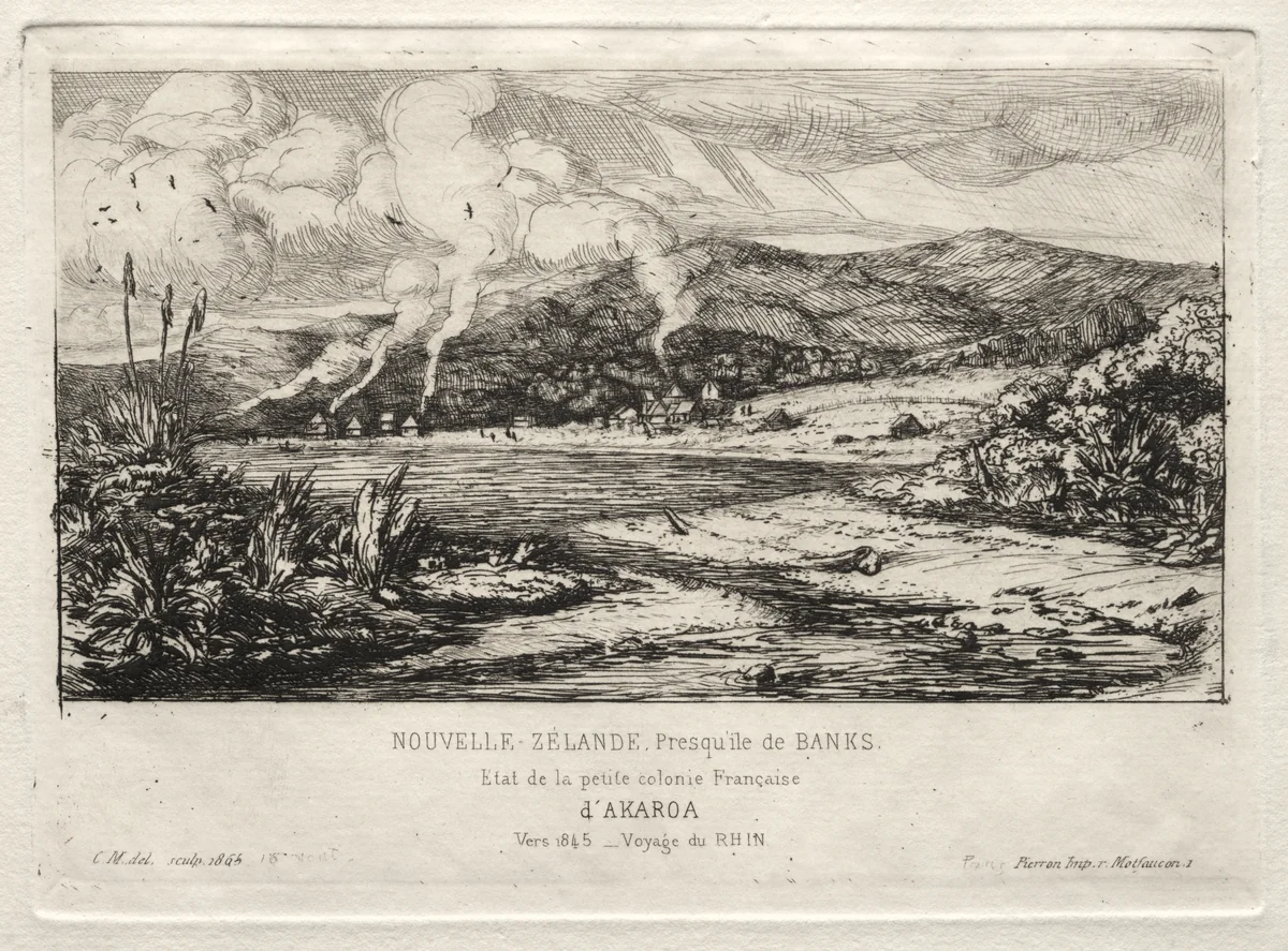The Little French Colony at Akaroa, 1845 by Charles Meryon, print, 1865