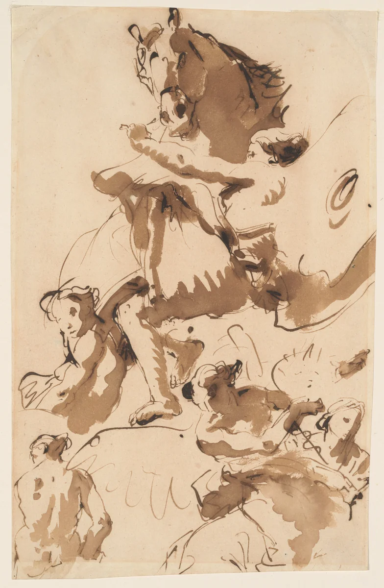 One of the Hours Holding the Bridle of a Horse of the Sun, and Other Figures by Giovanni Battista Tiepolo, drawing, 1747-1756
